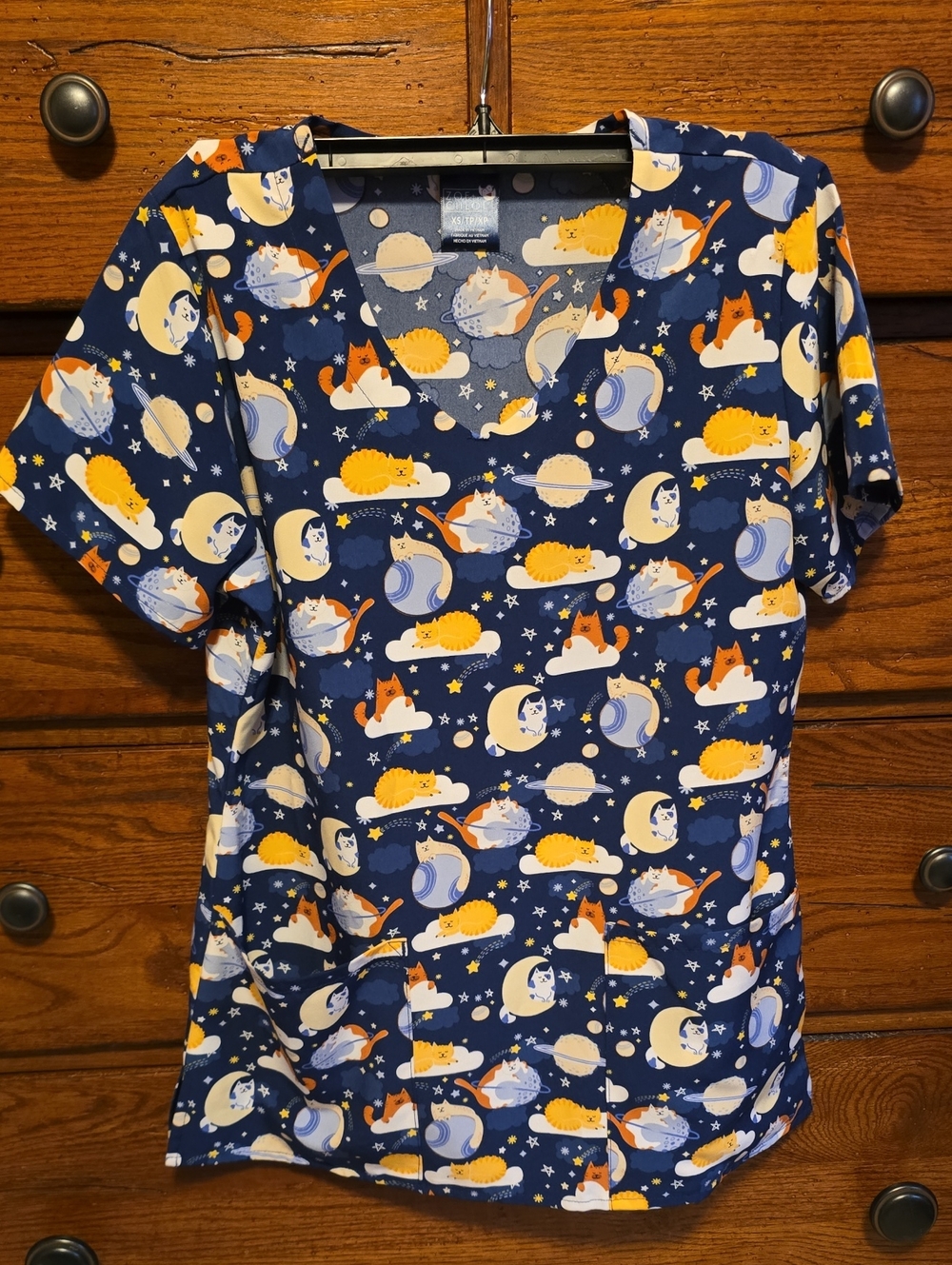 Navy Space Cat Print Scrub Top
